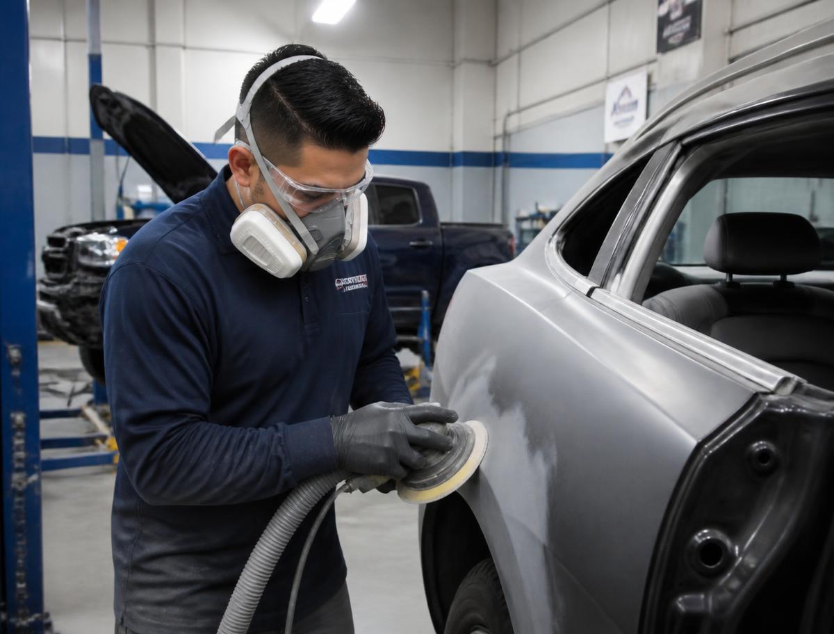 M & M Body technician refinishing a vehicle panel